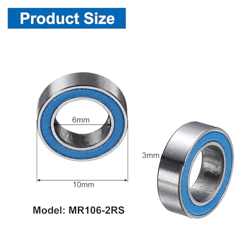 uxcell 4 Pcs MR106-2RS Deep Groove Micro Bearing, 6x10x3mm Double Rubber Sealed Chrome Steel Small Bearings (ABEC5, Z4 Low Noise) - size: MR106-2RS