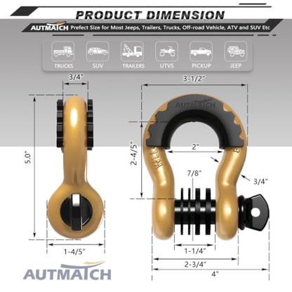 AUTMATCH 3/4" D Ring Shackles (2-Pack) - 41,887 lbs Break Strength | Heavy Duty Clevis Shackle with 7/8" Pin & Isolator Washer Kit for Tow Strap, Winch, Towing & Off-Road Vehicle Recovery, Gold - color: Gold & Black