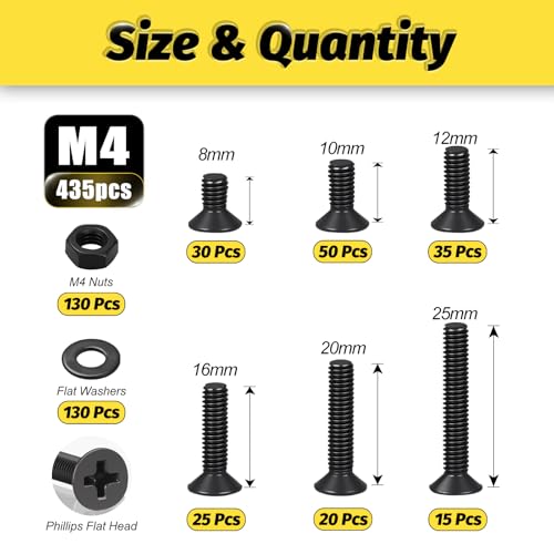 KADRICK 435Pcs M4 Countersunk Screw Kit,Flat Head Bolts 8MM-25MM | M4 Phillips Screws Assortment Kit,Screws With Nut Flat/Lock Washers,Black Zinc Plated - size: M4 435Pcs 8-25mm