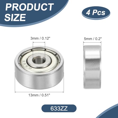 uxcell 4 Pack 633ZZ Deep Groove Ball Bearings, 3x13x5mm Chrome Steel Double Shield Bearing for Electric Motor, Home Appliances, Garden Machinery, (ABEC5) - size: 633ZZ