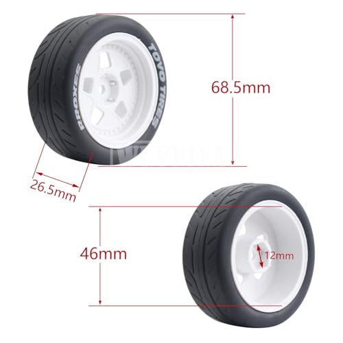 4PCS 12mm Hex RC Wheels and Tires 68mm Rubber Tyres Set and Hard Plastic Wheel Hub w/Foam Inserts Fit for 1/10 On-Road RC Drift Drifting Car Traxxas HSP Tamiya Kyosho HPI Redcat - color: White
