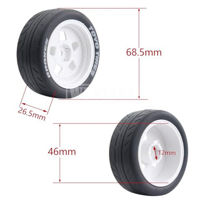 4PCS 12mm Hex RC Wheels and Tires 68mm Rubber Tyres Set and Hard Plastic Wheel Hub w/Foam Inserts Fit for 1/10 On-Road RC Drift Drifting Car Traxxas HSP Tamiya Kyosho HPI Redcat - color: White
