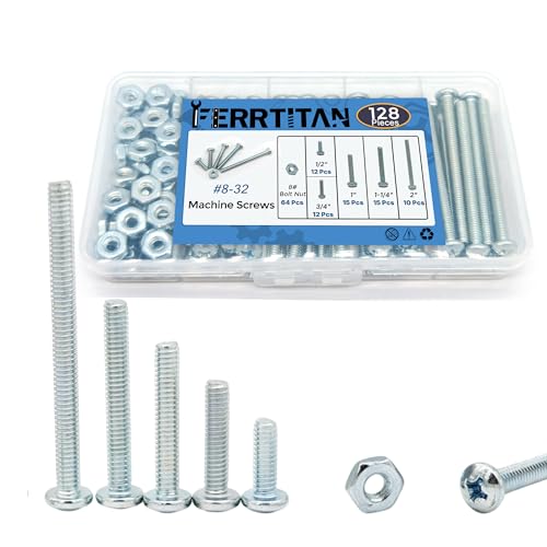 128-Piece #8-32 Machine Screws Assortment Kit – Zinc-Plated Carbon Steel Phillips Pan Head Screws with Nuts, Knobs Cabinet Screw & Electrician Screw Machine Bolts - size: #8-32 – 64 Sets, 5 Sizes