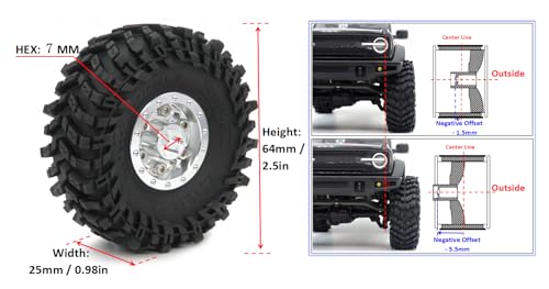 64mm 1.0 Tires F/R Mounted 1.0 beadlock Wheels Silver Rims Hex 7mm Negative Offsets 1.0 Wheels Tires for RC Mud Crawler 1/24 SCX24 FCX24 AX24 1/18 TRX4M