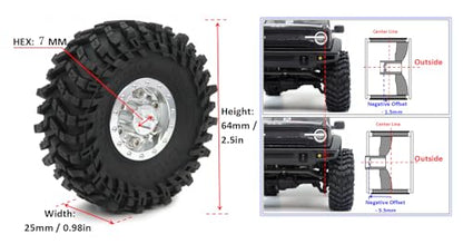 64mm 1.0 Tires F/R Mounted 1.0 beadlock Wheels Silver Rims Hex 7mm Negative Offsets 1.0 Wheels Tires for RC Mud Crawler 1/24 SCX24 FCX24 AX24 1/18 TRX4M