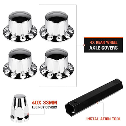 Aeagle Dome Rear Axle Cover Combo Kits for Semi Truck Hubs w/Screw-On 33mm Lug Nut, ABS Plastic Chrome Plated, 10 Hole Removable Caps, 4Pcs - color: Rear Dome