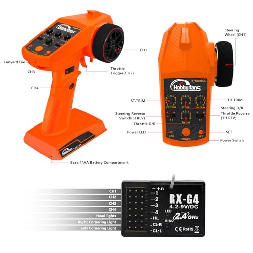 RC Radio System 4CH 2.4G RC Transmitter with Receiver and Lanyard Anti-Jamming Remote Controller for RC Car Crawler Boat, Orange - color: Orange