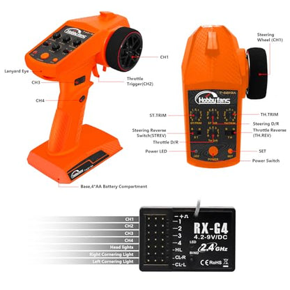 RC Radio System 4CH 2.4G RC Transmitter with Receiver and Lanyard Anti-Jamming Remote Controller for RC Car Crawler Boat, Orange - color: Orange
