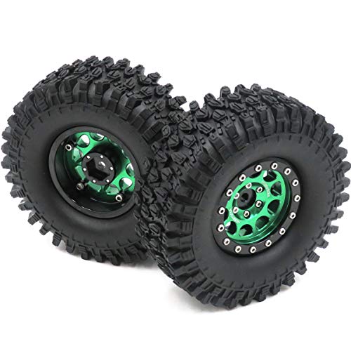 HOBBYSOUL RC Height 108mm/4.25inch Tires Mounted 1.9inch Beadlock Wheels Rims Green Black Color for 1/10 1/12 RC Mud Crawler Truck Axial SCX10 90046 RC4WD D90 TF2 Tamiya CC01,(2-Pack, Assembled)