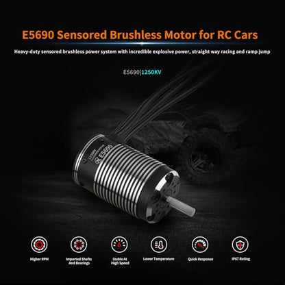 XC E5690 Sensored Brushless Motor for RC Car,3-8S Lipo,1250KV,IP67 Water Proof,Applicable to:1/6 Short Course, Monster, 1/5 Light-Duty Truck