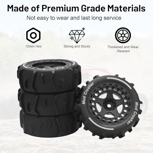 1/14 RC Wheels and Tires, daitoku 12mm Hex Hub RC Car Beach Tires for ARRMA 1/14 Typhon GROM - Black - color: Black