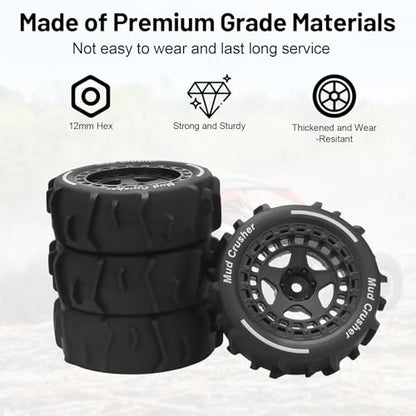 1/14 RC Wheels and Tires, daitoku 12mm Hex Hub RC Car Beach Tires for ARRMA 1/14 Typhon GROM - Black - color: Black