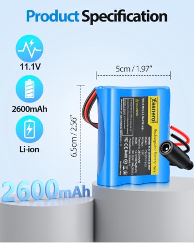 11.1V- 12V 2600mAh Rechargeable Li-ion Battery Pack with Charger, Bare Leads Wire Replacement Lithium Battery Compatible with 12 Volt Devices RC Car, Boat, Robot, DIY, LED Light Strip, CCTV Camera