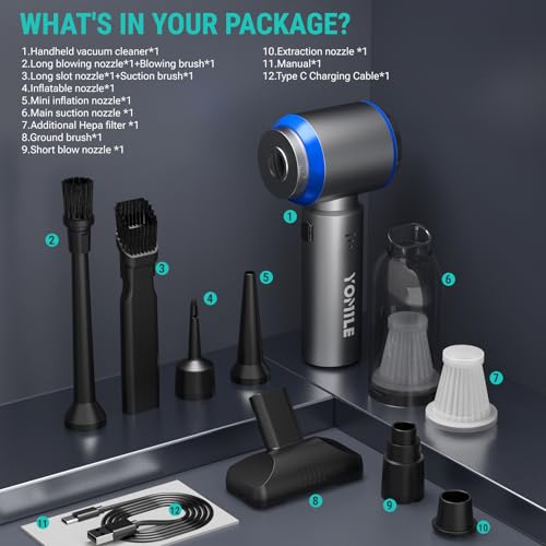 Yomile Mini Vacuum Cleaner, 2 in 1 27000PA Brushless Car Vacuum &250000RPM Air Duster 9000mAh Battery Air Blower Wireless Handheld Vacuum for Car,Office and Home (27Kpa)