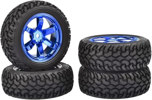 4PCS 75mm Rubber Tires and 6Spokes Plastic Wheel Rims Tyre for 1/10 RC On-Road Drift Racing Car 1:14 1:16 Rally Car for Tamiya Kyosho HPI HSP TT02 Upgrades Parts (Blue) - color: Blue