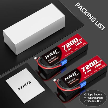 HRB 2PCS 2S 7200mAh Lipo Battery EC5 120C 7.4V Compatible with RC Car