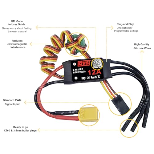 DYS 12A 2-4S Brushless ESC with 5V/2A BEC with XT30 & 2.0mm Plug for RC Fixed-Wing Aircraft Helicopter - color: Dys 12a Esc