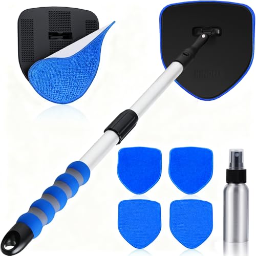 XINDELL Interior Windshield Cleaner Tool, Car Window Cleaning Kit with 5 Reusable Microfiber Pads, Extendable Handle & 360° Rotating Head, Streak-Free Auto Glass Wiper for Truck SUV RV - color: Blue
