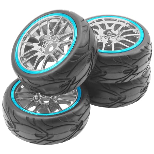 ShareGoo RC OD 2.59" Plastics 12mm Hex Wheels Rims & Rubber Tires Set 14-Spoke Compatible with Traxxas Tamiya Sakura HSP Kyosho WLtoys 1/10 RC On-Road Racing Touring Car (Blue) - color: Blue