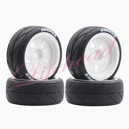 Lifehead 65mm On Road Rubber Tires& Wheels Rims 12mm Hex Hub for HPI Ken Block's Tamiya XV01 TT01 TT02B Kyosho FAZER MK2 Lc Racing PTG HSP RGT RC 3RACING D5 1/10 RC Rally Car - color: White 4