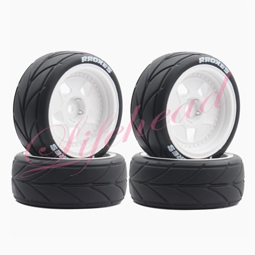 Lifehead 65mm On Road Rubber Tires& Wheels Rims 12mm Hex Hub for HPI Ken Block's Tamiya XV01 TT01 TT02B Kyosho FAZER MK2 Lc Racing PTG HSP RGT RC 3RACING D5 1/10 RC Rally Car - color: White 4