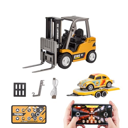 1:64 Mini Alloy RC Forklift, 2 Mode Forklift Truck with Sound and Lights Flatbed Truck & Forks, Pallet & Hook, USB Rechargeable, for Adult & Collectors