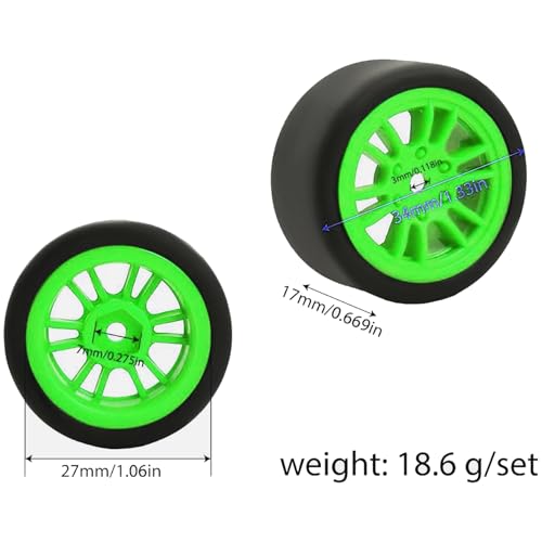 4PCS Finished Flat Running Drift Tires and Wheels 7MM Hexagon for 1/24 Losi Micro B Upgrades and 1/28 Losi Micro T Upgrades (T Green) - color: T Green