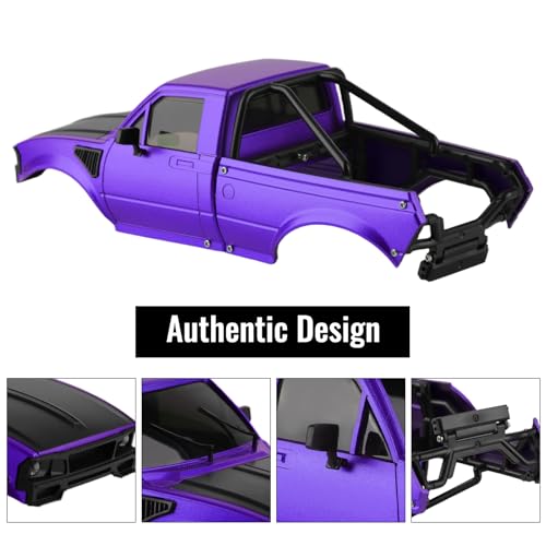 Hard Pickup Body Shell with Bed Rack for 1/24 SCX24 RC Crawler | With dual interchangeable grilles, magnetic flip-up design easy maintenance - color: Purple