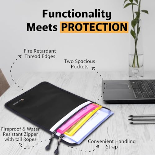 Upgraded Two Pockets Fireproof Document Bag (2000℉), 15”x 11” Fire Proof Bag for Documents with Zipper, Waterproof Document Pouch for Valuables, Legal Documents Safe Storage (Black) - color: Black