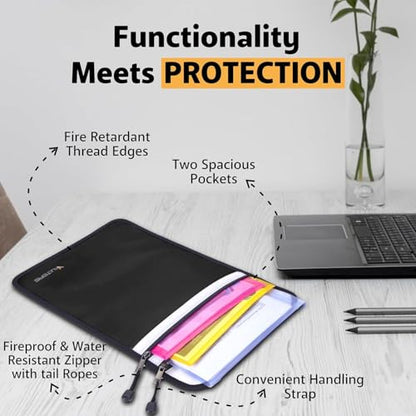 Upgraded Two Pockets Fireproof Document Bag (2000℉), 15”x 11” Fire Proof Bag for Documents with Zipper, Waterproof Document Pouch for Valuables, Legal Documents Safe Storage (Black) - color: Black