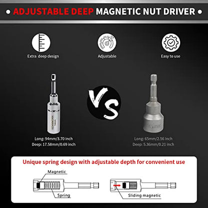 Extra Deep Magnetic Nut Driver Set, 8 PCS Adjustable Deep Nut Driver Set for Impact Drill, Metric, Quick-Change 1/4" Hex Shank,Cr-V Steel