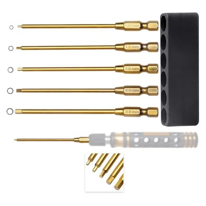 1/4" Drivers 1.27mm(0.05") 1.5mm 2mm 2.5mm 3mm Titanium RC Hex Driver Bit Set Quick Change Allen Key Wrench Combo for Electric Screwdrivers/Power Drill Fit Traxxas Axial RC Cars Repairing
