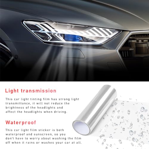 povtii Tint Vinyl Wrap Sticker Sheet Roll for Car Headlight & Taillight - Self Adhesive Fog Light Vinyl Film, 12x48 Inch Roll, Squeeze & Cutter Included - color: Transparent