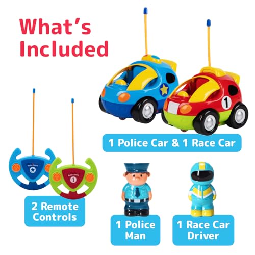 PREXTEX 2 Pack Cartoon Remote Control Cars for Toddlers - Police Car and Race Car with Steering Wheel Controllers and Lights - Different Frequencies Racing Together - Easter Toddler Gift 18+ Months. - style: Police/Race Car