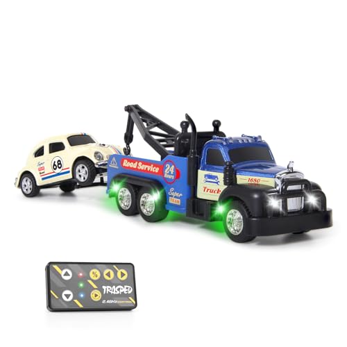 haomsj Mini Rc Tow Truck Toy with Mini Metal Car Set 2PCS,City Service Vehicle Remote Control Tow Truck Toys for Kids Boys Gifts 3-5 4-7 8-12 Years Old, 1:64 Scale Cars Trailer Toy with Light(Blue) - color: Blue