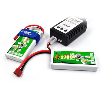 (2-Pack) 7.4V 2700mAh 20C Li-Po Battery for WLTOYS 12428, 12423, 12429 | 2S battery with T-Plug for compatible 1/12 RC cars; includes 2 balance chargers for convenient simultaneous charging.