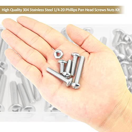 58 Pieces 1/4-20x 1/2", 3/4", 1", 1-1/4", 1-1/2", Phillips Pan Head Machine Screws Nuts Assortment Kit, 304 Stainless Steel, Fully Machine Thread - size: 1/4"-20