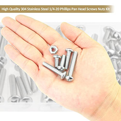 58 Pieces 1/4-20x 1/2", 3/4", 1", 1-1/4", 1-1/2", Phillips Pan Head Machine Screws Nuts Assortment Kit, 304 Stainless Steel, Fully Machine Thread - size: 1/4"-20