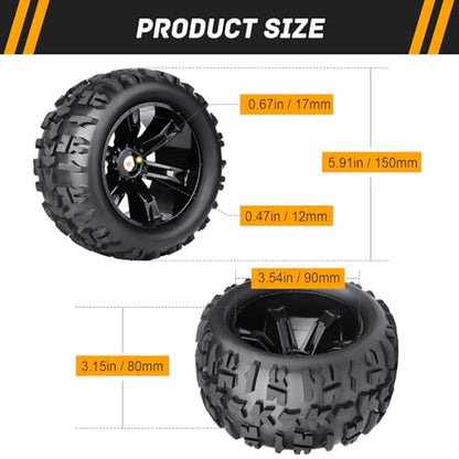 Preglued 17mm Hex RC Truck Tires and Wheels for 1/8 Scale Arrma Kraton Notorious 6s Traxxas Maxx Sledge E-Revo 2.0 Redcat Racing Kaiju HPI Savage Monster Truck Replacement
