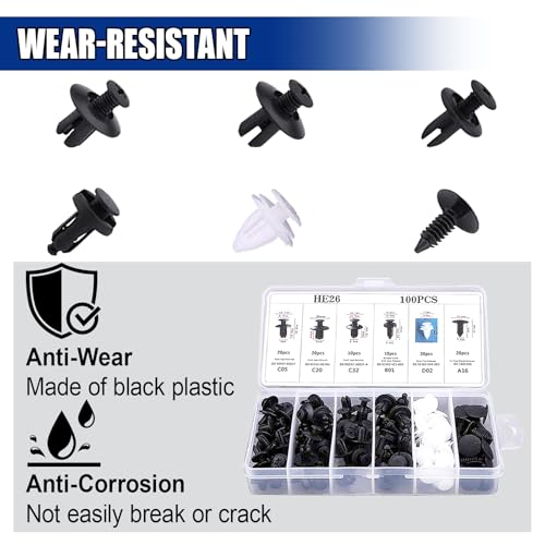 100PCS Car Bumper Retainer Clip with Fastener Remover (1 Tool) | Automotive Body Trim Fixed Clip, Auto Door Panel Push Pin, Universal Vehicle Plastic Rivets Kit with 1 Remover & Storage Box - size: 100PCS&Tool