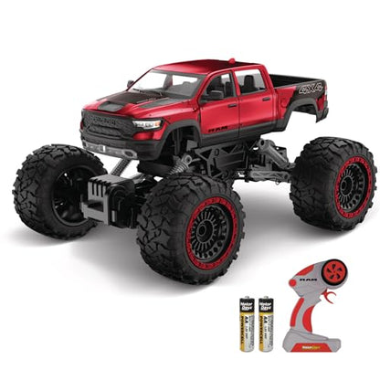 RC 4WD Heavy Metal RAM 1500 Pickup Truck – 1:14 Scale, Officially Licensed Stamped Metal Body, 4x4 All-Wheel Drive, 2.4GHz Full-Function Remote Control, Ready-to-Run, USB Charging, Red