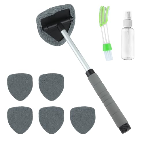 8 Pcs Car Window Cleaner Kit Triangle Shape Include Windshield Cleaning Tool with Extendable Handle 5 Microfiber Bonnets 1 Car Ventilation Brush 1 Empty 50ml Spray Bottle Glass Wiper Kits, Grey - color: Grey