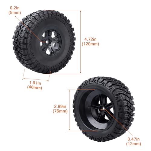 4.72 inches 120mm RC Short Course Tires and Wheels 12mm Hex for 1/10 Traxxas Slash 2WD Slash 4x4 Losi SCT Redcat Blackout SC, Set of 4 (Type 2)
