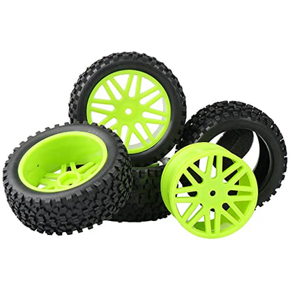 RC Tires Wheels Set, Green, 1/10 Scale, 12mm Hex | Compatible with Traxxas Rustler Stampede Slash Bandit, Front & Rear, Off-Road Tires for RC Car - color: Green