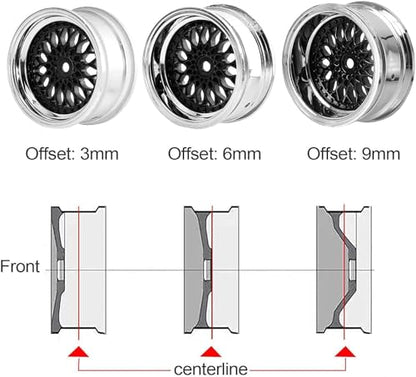 4PCS 64mm Rubber Tires and Plastic Wheel Rims Set 12mm Hex Replacement Part for Sakura Tamiya TT02 HPI HSP Kyosho 1/10 RC On Road Run-flating Touring Racing Car Tyre(Black Silver,Offset:9MM) - color: Black/Silver, size: Offset:9mm