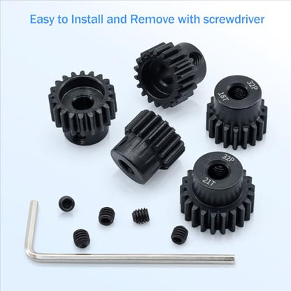 32P Metal Steel Gear Set 5mm Hole 17T 18T 19T 20T 21T Gear with Hex Key Screwdriver Hardened Pinion Gear for 1/8 1/10 RC Car - size: 17T 18T 19T 20T 21T