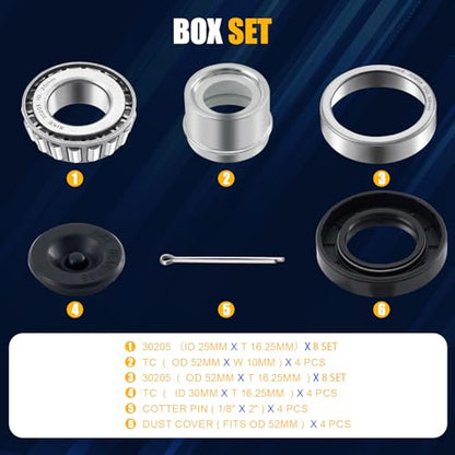 XiKe 25mm Axles 30205 Trailer Bearings Wheel Hub Kit, 4 Sets | Includes TC30x52x10mm Seal, OD 52mm Dust Cover and Cotter Pin. - size: 30205 + Seal ID 1.18, style: Pack 4 Set