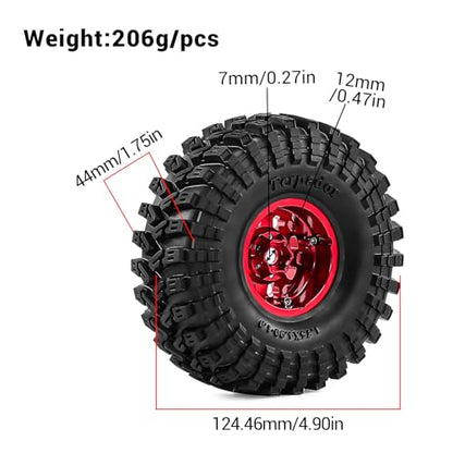 1.9" Beadlock Aluminum Wheels and 124mm Soft Rubber Tires | for SCX10 TRX4 1/10 RC, 12mm Hex, 0mm Offset, with Foam Inserts, RC Crawler Upgrade Parts (Red) - color: Red