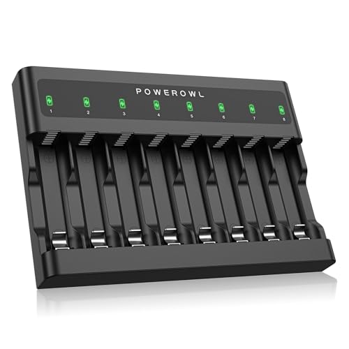 POWEROWL AA AAA Battery Charger 8 Bay, Independent Slot, USB Fast Charging for Ni-MH Ni-CD Rechargeable Batteries - size: Ultra-thin