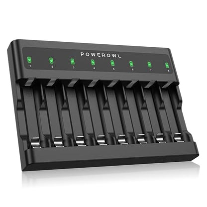 POWEROWL AA AAA Battery Charger 8 Bay, Independent Slot, USB Fast Charging for Ni-MH Ni-CD Rechargeable Batteries - size: Ultra-thin